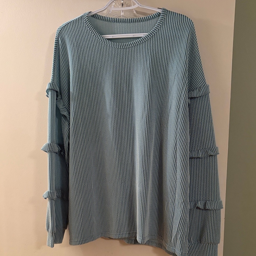 Ribbed Long Sleeve Ruffle-Trim Pullover - Light Blue